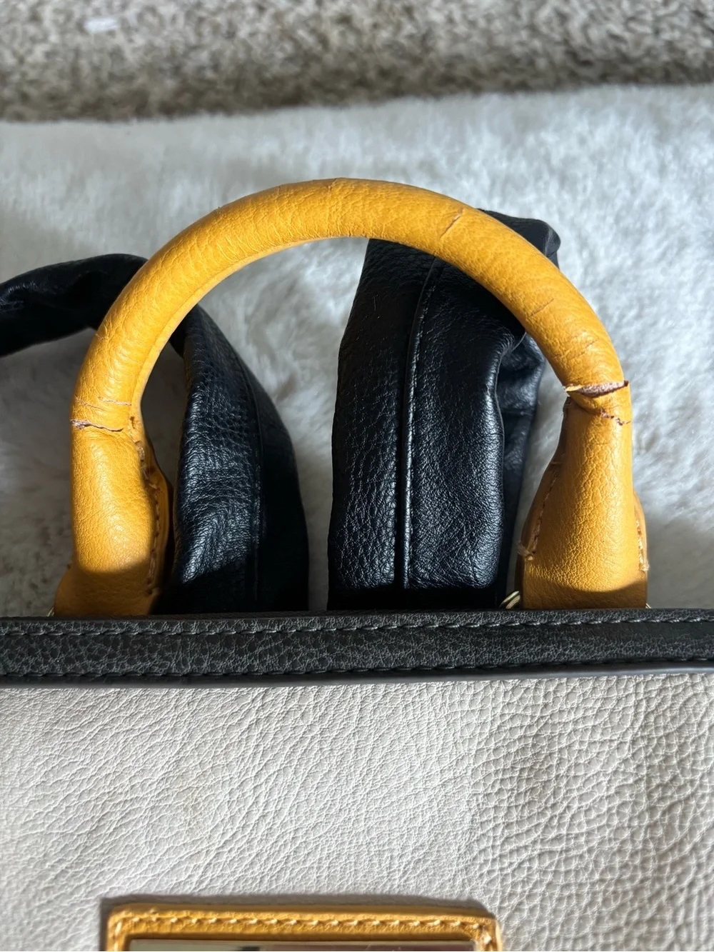 KELLY MORE Two-Tone Cream and Black   camera Backpack with Yellow Accents